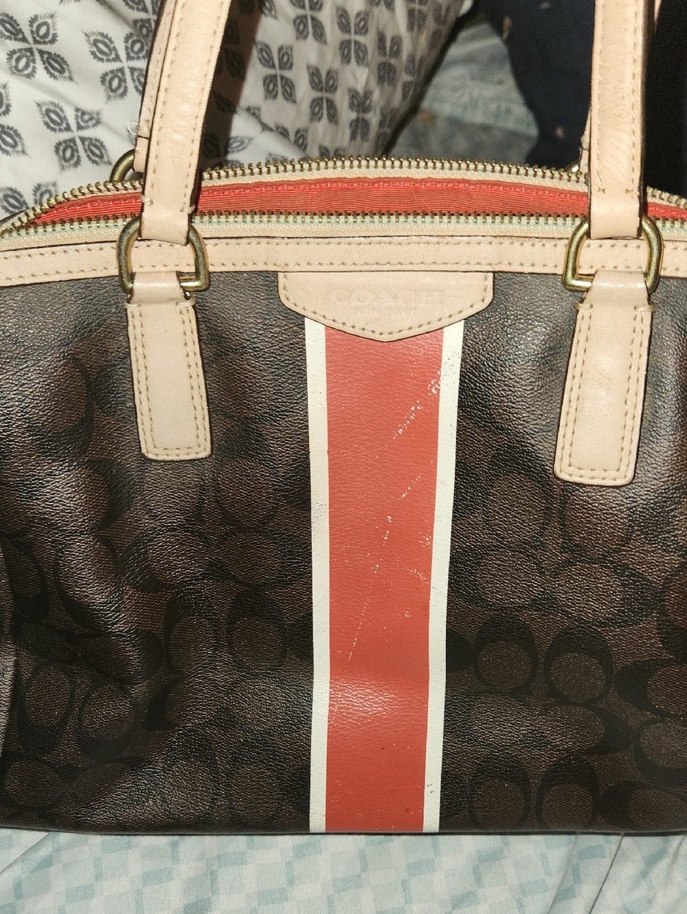 Coach Brown Signature Satchel with Coral Stripe and Cream Trim